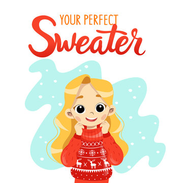 Cute little girl in sweater. Child and comfort during the cold season. Winter or autumn cartoon illustration with text.
