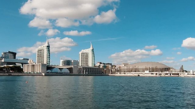 Time Lapse with modern buildings in background. Parque das Nacoes in lisbon Portugal.