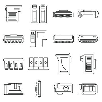 Printer cartridge icons set. Outline set of printer cartridge vector icons for web design isolated on white background