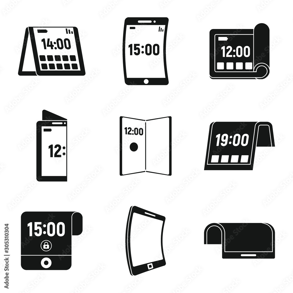 Poster phone flexible display icons set. simple set of phone flexible display vector icons for web design o