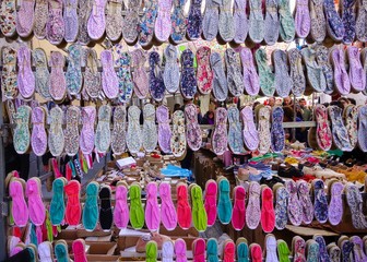 Fototapeta premium assortment of traditional Spanish Espadrilla shoes on the popular Rastro market. 