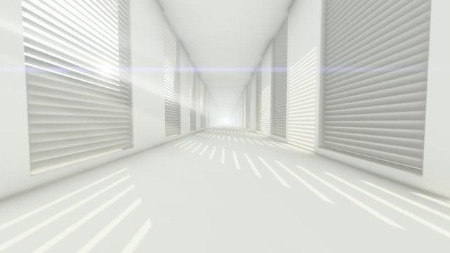 empty white corridor with rectangular walls and bright light