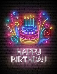 Glow Greeting Card with Cake, Candles, Confetti and Happy Birthday Inscription