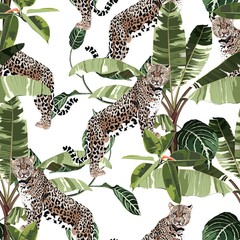 Colorful floral pattern with tiger leopard and exotic tropical leaves illustration. Fashion ornament on white background. © Iuliia