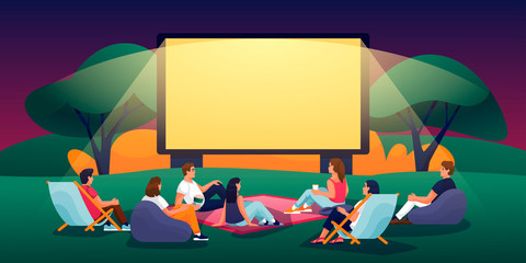 Outdoor evening cinema in summer park. Vector flat cartoon illustration. People watching movie in open-air cinema