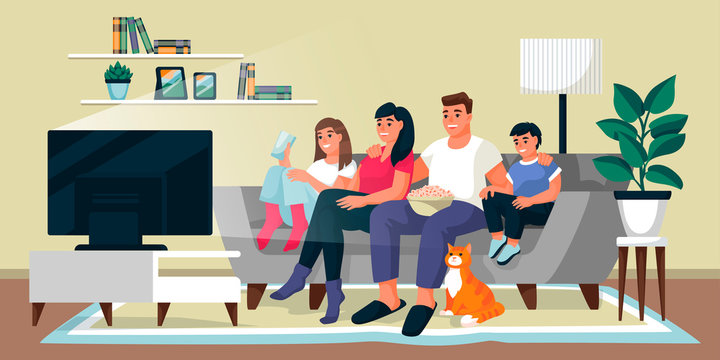 Family watching TV in living room. Vector flat cartoon illustration. Home movie time, indoor weekend leisure concept.