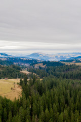 Autumn mountains and blue sky landscape. Traditional landscape in mountains. Carpathians, Ukraine.