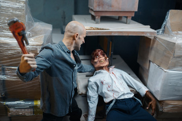 Man with pipe wrench kills zombie, deadly chase