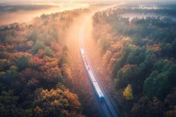 Aerial view of train in beautiful forest in fog at sunrise in autumn. Commuter train in fall....