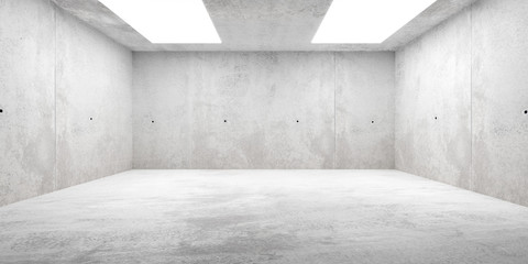 Fototapety  Streszczenie pusty, nowoczesny pokój betonowy z oświetleniem sufitowym i szorstką podłogą - szablon tła wnętrza przemysłowego, ilustracja 3D