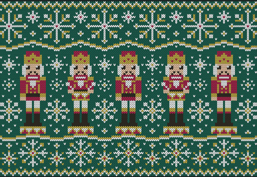Nutcracker and snowflakes jacquard knitted border on green background. Fairy tale winter ornament.