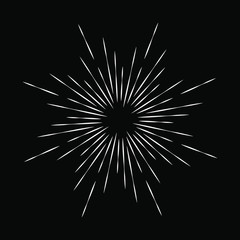 Abstract white radial speed lines in circles form. Explosion form. Fireworks. Sunburst. Black background. Design element for logo, sign, symbol, web, prints, frame, template and textile pattern