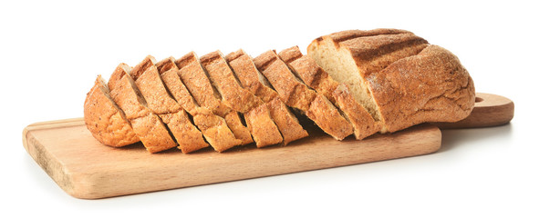 Board with sliced bread on white background