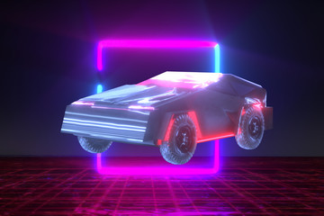 car future racing towards neon light - futuristic concept 3d render