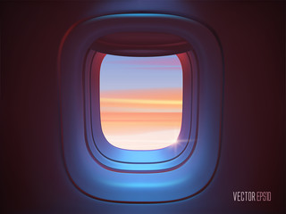 Airplane porthole in the evening ambient atmosphere with clouds sunset visible through window. In pink blue color scheme. Ultra realistic 3d vector illustration with copy space