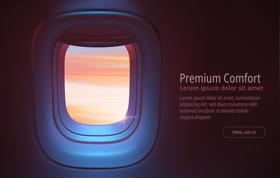 Airplane porthole in the evening ambient atmosphere with clouds sunset visible through window. In pink blue color scheme. Ultra realistic 3d vector illustration with copy space