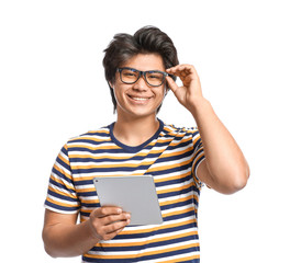 Male Asian programmer with tablet computer on white background