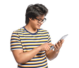 Male Asian programmer with tablet computer on white background