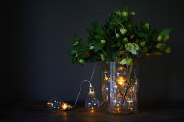 Glass vase filled with luminous bulbs and a bouquet of hellebore, festive concept