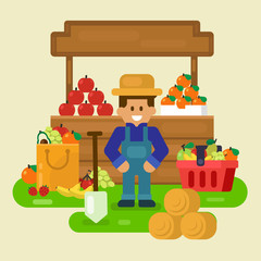 Local store, fresh fruit with merchant vector illustration
