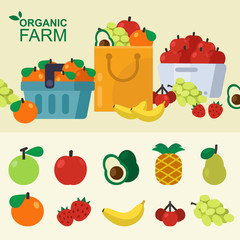 set of fresh fruit basket, paper bag, cart, local store. vector illustration 