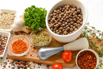 Many different spices on table