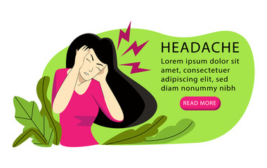Vector illustration with woman who has severe headache on both sides. Can be used both in concept of headache and hyperacusis. There is space for text. In web design, printing products, etc. can used.