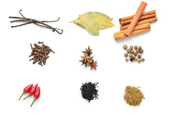 Many different spices on white background