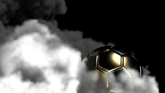 Gold-Black Soccer ball with dark toned foggy smoke background. 3D sketch design and illustration. 3D high quality rendering.