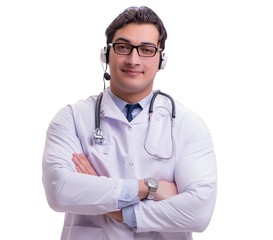 Young doctor with phone headset isolated on white