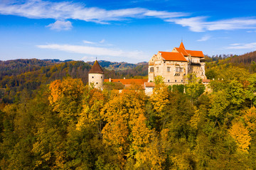 Obraz premium Pernstejn Castle above village of Nedvedice, Czech Republic
