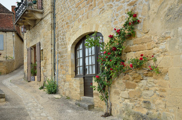 Fototapeta na wymiar Street with stone houses and paved road in the French town Saint Medard