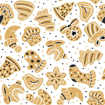Seamless pattern of Christmas gingerbread. Unique design for holiday packaging. Vector illustration in black-gold style