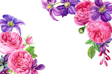 greeting card with space for text, purple clematis and pink roses, summer bouquet of flowers, branches and berries of barberry, watercolor hand drawing, botanical painting, flora design