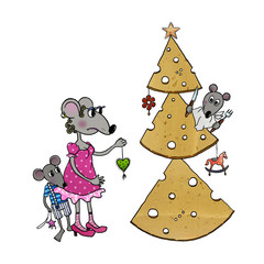 Funny Mouse and Cheese Christams Tree Christmas and New Year Card on plain background