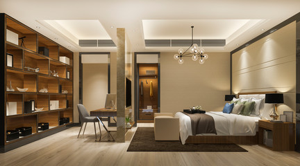 3d rendering beautiful luxury bedroom suite in hotel with tv and working table and wardrobe