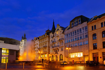 Evening illumination on the streets of Karlovy Vary. Czech Republic