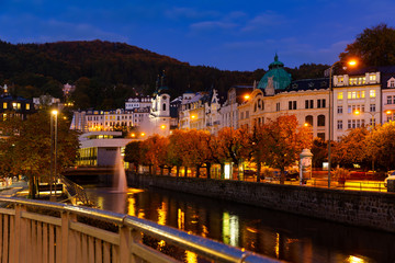 Embankments of Karlovy Vary in evening, Czech Republic