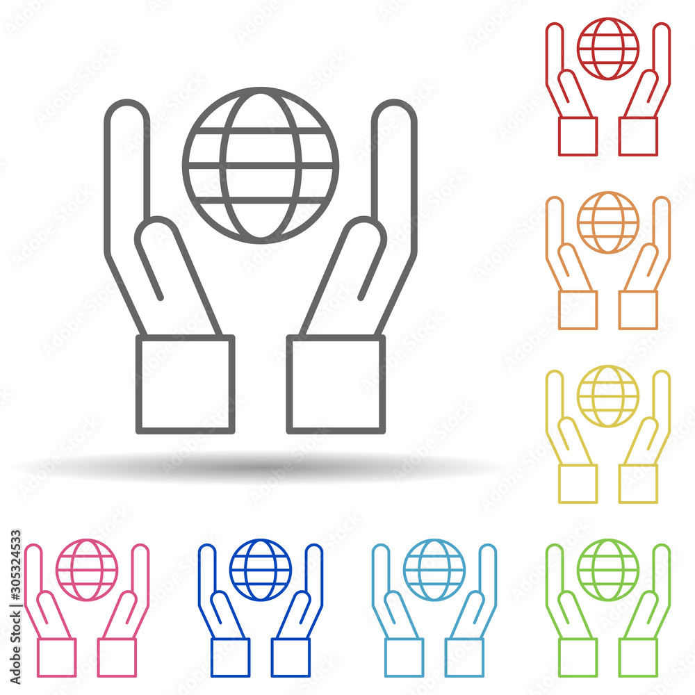 Aufkleber earth in hands outline in multi color style icon. simple thin line, outline vector of ecology icons 