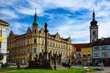 Fototapeta na wymiar Alsovo square with Marian column in Czech town of Pisek