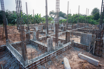 Landscape of house under construction site with reinforcement steelwork