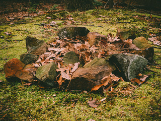 stones on the ground in the park, around fallen dry leaves