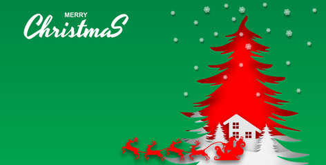 Naklejka na ściany i meble Merry Christmas. Design with santa claus on the sky to city village. paper art style. Vector. illustration.