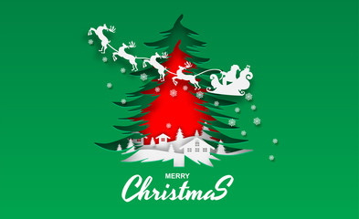 Naklejka na ściany i meble Merry Christmas. Design with santa claus on the sky to city village. paper art style. Vector. illustration.