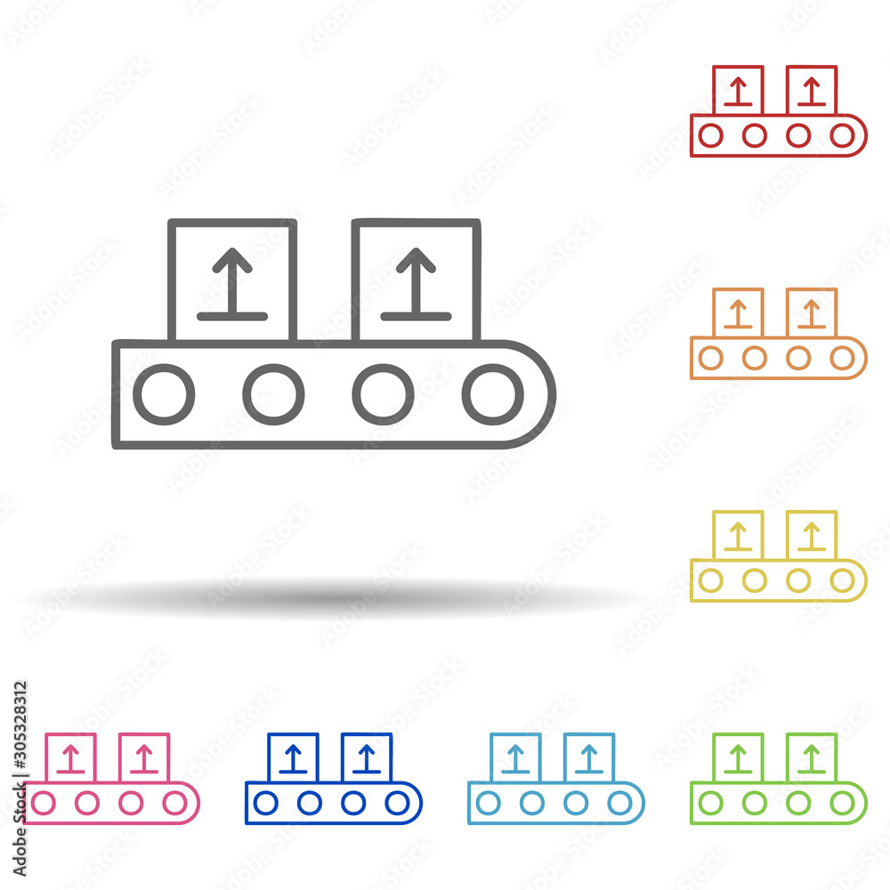 Aufkleber packing production line in multi color style icon. simple thin line, outline vector of automation ic