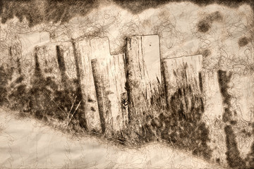 Sketch of a Weathered Wooden Fence on a Spring Morning