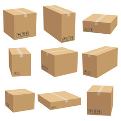 Set of cardboard box mockups. Isolated on white background. Vector carton packaging box images.
