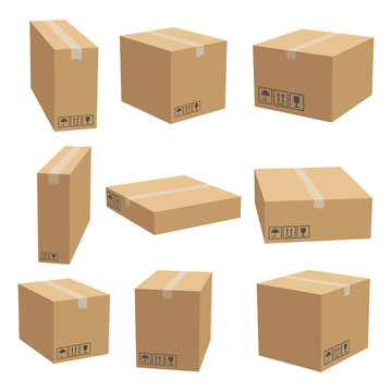 Set of cardboard box mockups. Isolated on white background. Vector carton packaging box images.