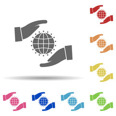 Hand, world, scope of the business in multi color style icon. Simple glyph, flat vector of business icons for ui and ux, website or mobile application