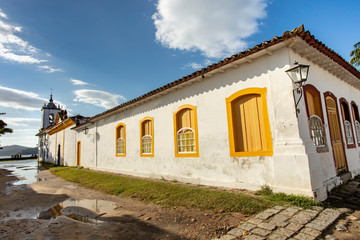 Church and street in the famous tourist town of Paraty. Paraty Colonial Historic Center, Rio de Janeiro, Brazil. World Heritage Site